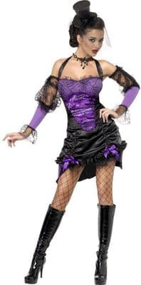 Ladies Gothic Can Can Costume Halloween Purple Black Fancy Dress Outfit