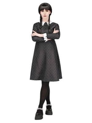 Ladies Gothic Polka Dot School Dress Halloween Fancy Dress Costume
