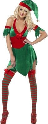 Ladies Halterneck Elf Costume Red Green Christmas Dress Hat Festive Fancy Dress
