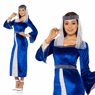 Ladies Maid Marian Costume Blue Medieval Robin Hood Fancy Dress Outfit