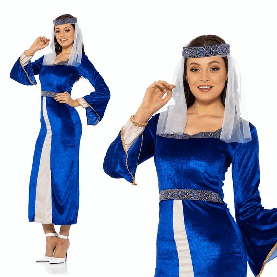 Ladies Maid Marian Costume Blue Medieval Robin Hood Fancy Dress Outfit