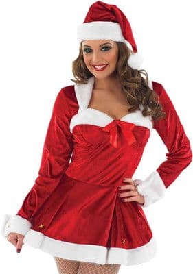 Ladies Missy Claus Costume Red Dress Jacket Hat Christmas Fancy Dress Outfit