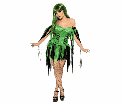 Ladies Naughty Fairy Witch Costume Halloween Fancy Dress Green Black Outfit