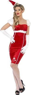 Ladies Pin Up Santa Costume Red Pencil Dress Christmas Fancy Dress Outfit