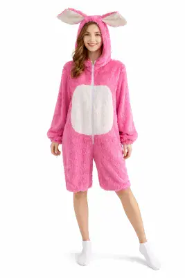 Ladies Pink Bunny Costume Onesie  Easter Fancy Dress Hooded Fluffy Outfit
