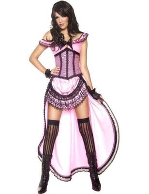 Ladies Pink Western Burlesque Costume Adult Saloon Girl Fancy Dress Outfit