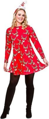 Ladies Reindeer Christmas Dress Red Swing Dress Festive Xmas Party Outfit
