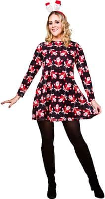 Ladies Santa Christmas Dress Black Swing Dress Festive Xmas Party Outfit