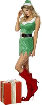 Ladies Sexy Elf Costume Green Christmas Dress Hat Belt Festive Fancy Dress