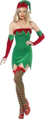 Ladies Sexy Elf Costume Strapless Green Red Dress Hat Xmas Fancy Dress Outfit