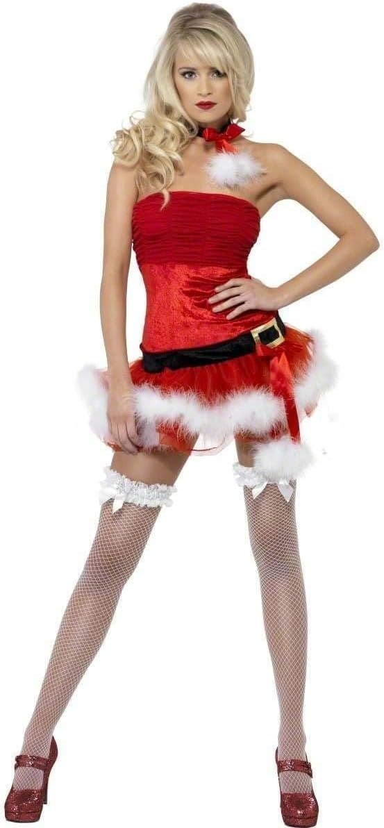 Ladies Sexy Naughty Santa Costume Red Strapless Dress Hat Christmas Fancy  Dress
