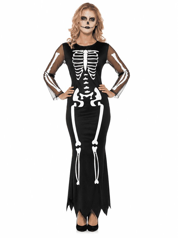 Ladies Skeleton Dress Halloween Long Gothic Fancy Dress Costume Bone Outfit