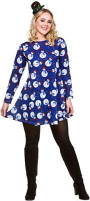 Ladies Snowman Christmas Dress Blue Festive Mini Dress Xmas Party Outfit