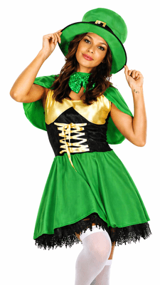 Ladies St Patricks Leprechaun Costume Green Irish Fancy Dress Hat Cape Outfit