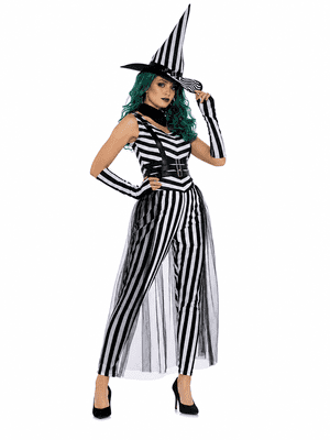 Ladies Striped Witch Costume Halloween Fancy Dress Outfit Hat Gothic Witch Costume