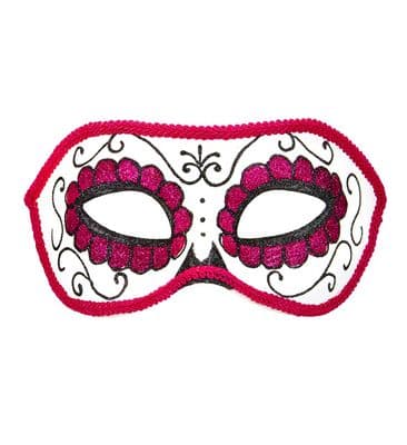 Ladies Sugar Skull Eye Mask Pink Glitter Day of the Dead Fancy Dress Mask
