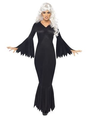 Ladies Vamp Costume Black Gothic Dress Halloween Fancy Dress Veil Outfit