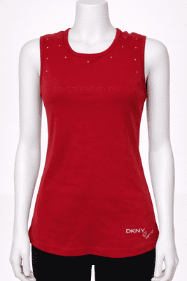 Ladies Vintage DKNY Tank Top Red  Diamante Logo Stretch Sleeveless Designer Vest