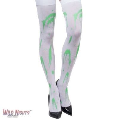 LADIES WHITE/GREEN SPLATTERED HOLD UP STOCKINGS