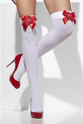 Ladies White Nurse Stockings With Red Bow