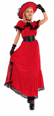 Ladies Wild West Scarlet Costume Adult Fancy Dress Cowgirl Saloon Outfit