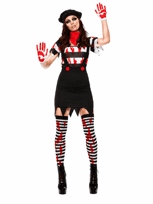 Ladies Zombie Mime Costume Halloween Scary Fancy Dress Outfit Top Skirt Hat