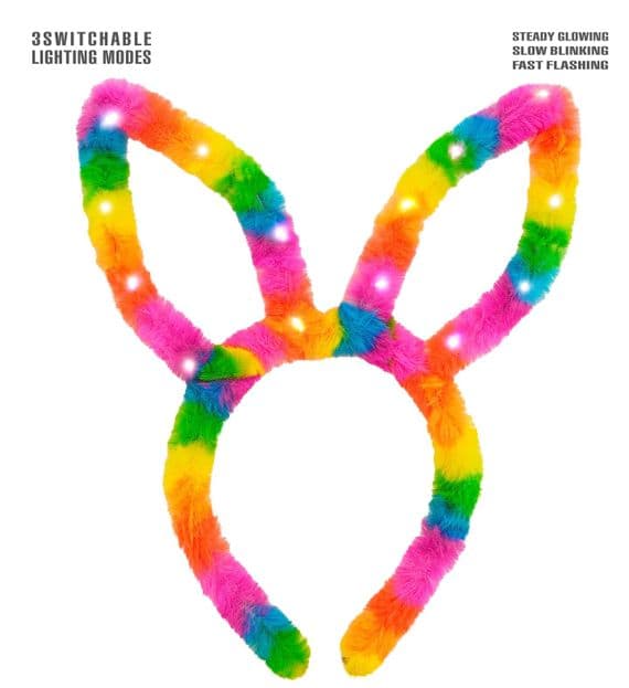 Light-Up Rainbow Bunny Ears Headband  LED Festival Accessory