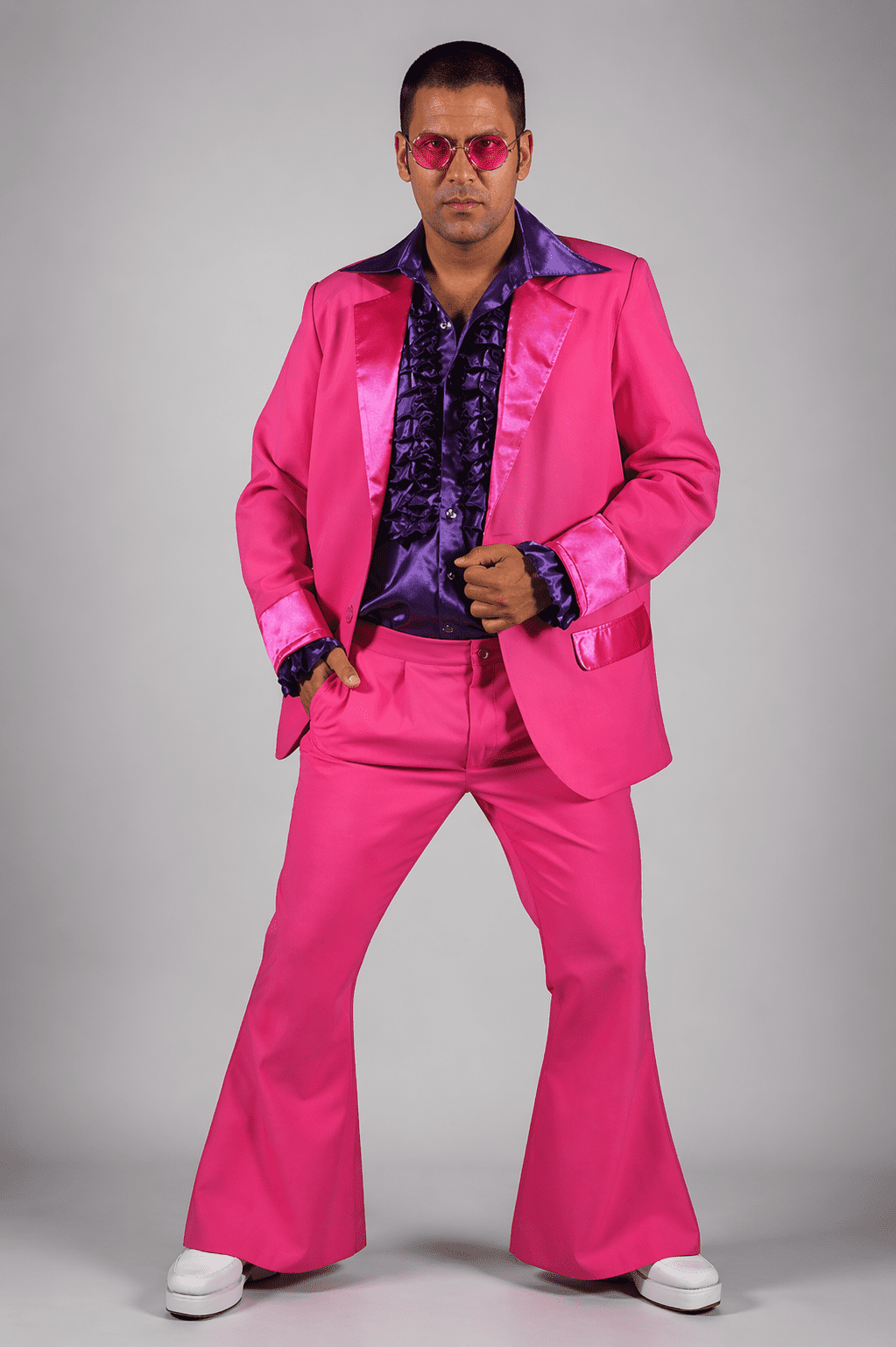 Mens 1970s Disco Suit Pink Retro Fancy Dress Costume Jacket Trousers