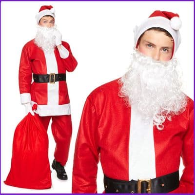 Mens 5 Piece Santa Suit Costume Hat Beard Belt Trousers Christmas Fancy Dress