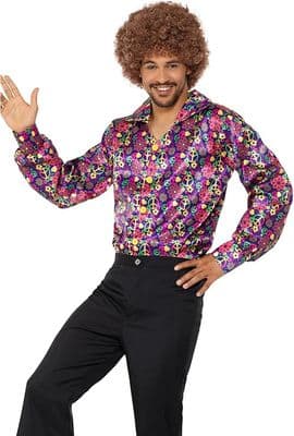 Mens 60s Psychedelic Shirt Multi Colour Groovy Fancy Dress Costume