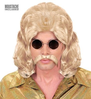 Mens 70s Wig with Moustache  Retro Fancy Dress Disco Costume Set