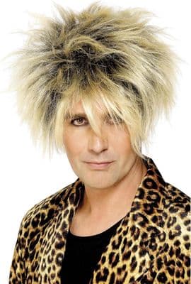 Mens 80s Rock Star Wig Blonde Spiky Highlight Fancy Dress Costume Adult