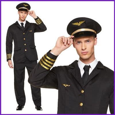 Mens Airline Pilot Costume Captain Uniform Jacket Trousers Hat Fancy Dress