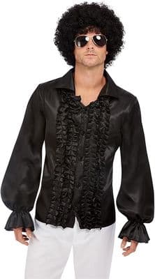 Mens Black 1960s Ruffled Shirt  Retro Fancy Dress Disco Party Costume Top