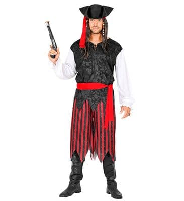 Mens Caribbean Pirate Costume  Fancy Dress Shirt Vest Pants Hat Set