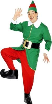 Mens Christmas Elf Costume Santa Helper Outfit Hat Belt Fancy Dress