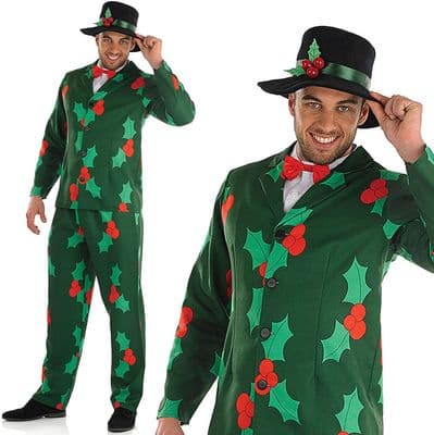 Mens Christmas Holly Suit Green Jacket Trousers Hat Festive Fancy Dress Outfit