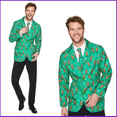 Mens Christmas Nutcracker Jacket Tie Green Festive Blazer Fancy Dress Outfit