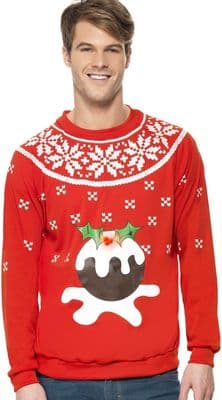 Mens Christmas Pudding Light Up Jumper LED Novelty Xmas Sweater Red