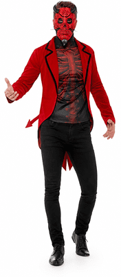 Mens Day of the Dead Devil Costume Red Jacket Mask Halloween Fancy Dress Outfit