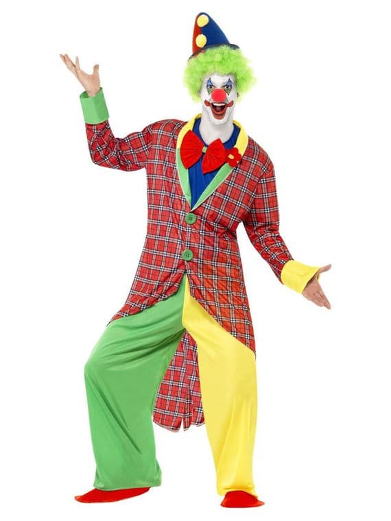 Mens Deluxe Circus Clown Costume Funny Fancy Dress Jacket Trousers Adult