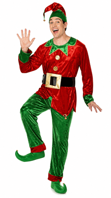 Mens Deluxe Elf Costume Christmas Santa Helper Outfit Hat Belt Fancy Dress