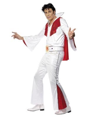 Mens Deluxe Elvis Costume Licensed White Jumpsuit Fancy Dress 38-40 Chest