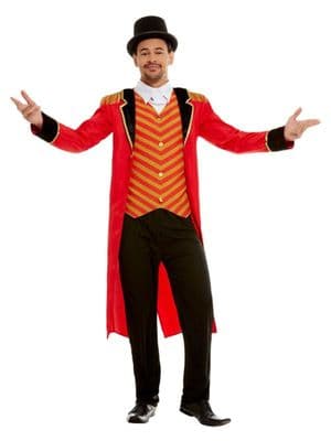 Mens Deluxe Ringmaster Costume Circus Fancy Dress Red Tailcoat Outfit