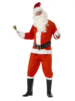 Mens Deluxe Santa Costume Christmas Suit Hat Beard Belt Fancy Dress Outfit