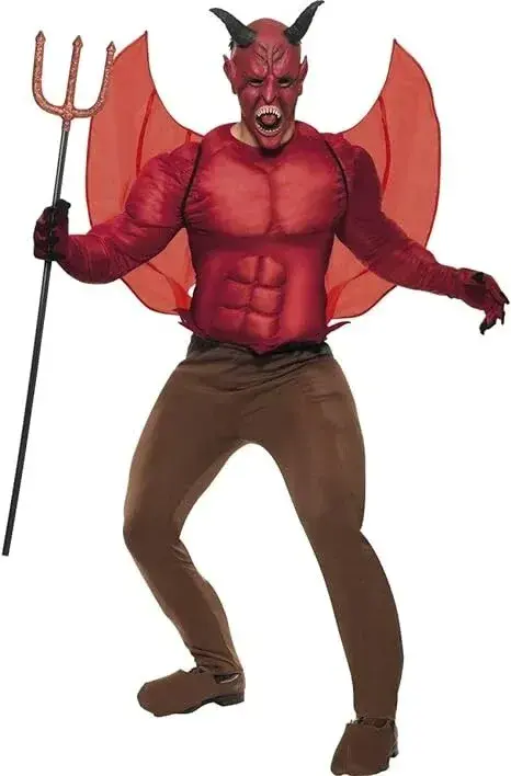 Mens Devil Costume Muscle Chest Wings Mask Halloween Fancy Dress Outfit