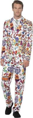 Mens Groovy Suit Multi Colour 70s Fancy Dress Costume Jacket Trousers Tie Outfit