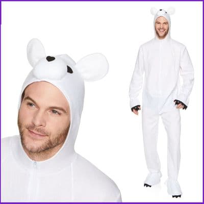 Mens Polar Bear Costume All in One White Jumpsuit Hood Christmas Fancy Dress