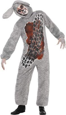 Mens Roadkill Bunny Costume Halloween Scary Rabbit Fancy Dress Outfit Grey Fur