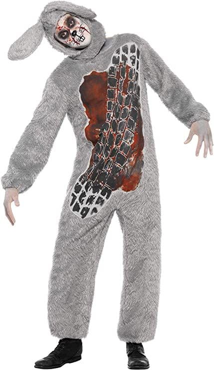 Mens Roadkill Bunny Costume Halloween Scary Rabbit Fancy Dress Outfit Grey Fur
